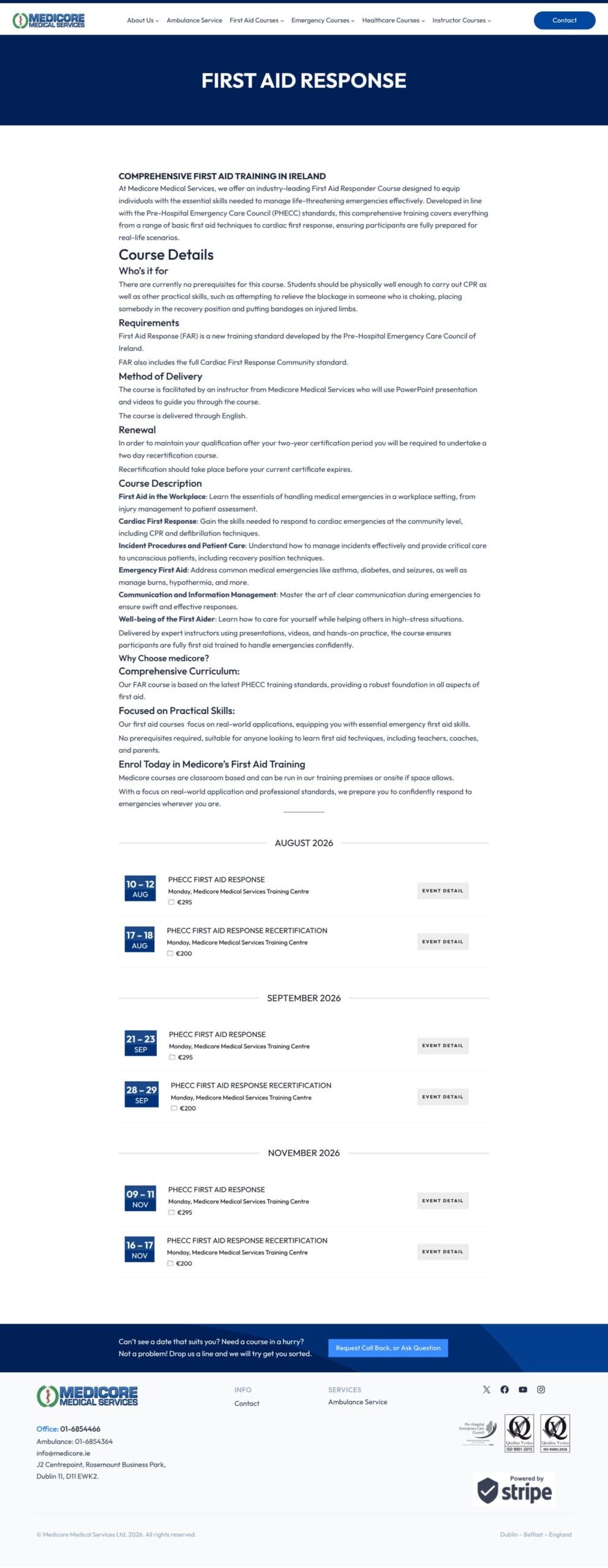 Medicore First Aid Response course page before the redesign